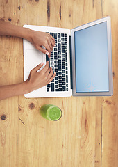 Image showing Laptop, hands and nutritionist blog by woman typing, post or review on healthy mockup screen. Social media, health and influencer hand of girl writing online weight loss, wellness or smoothie recipe