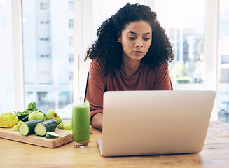 Image showing Relax, smoothie and health with black woman and laptop for blog research, salad and vegetables. Nutritionist, diet and food with girl by kitchen counter for cooking, technology and learning at home