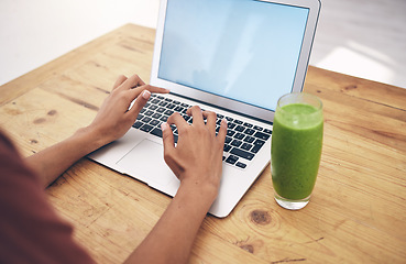 Image showing Nutritionist, blog and hands of woman with mockup, post or review on healthy living at home. Social media, health and influencer hand of girl writing online weight loss, wellness or smoothie recipe