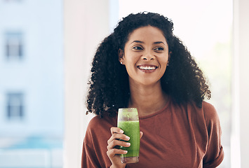 Image showing Idea, mock up and smoothie with a black woman drinking a health beverage for a weight loss diet or nutrition. Thinking, mockup and drink with a healthy young female enjoying a fresh fruit juice