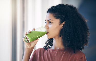 Image showing Healthy, protein and woman drinking a smoothie for weight loss, energy and breakfast while thinking. Food, health and girl with a juice cocktail for nutrition idea, green detox and vegan lifestyle