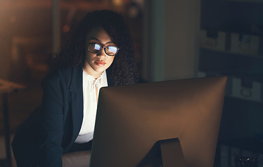 Image showing Business, office and black woman on computer at desk for project, strategy report and reading email. Corporate manager, overtime and female standing done working on schedule, planning and research