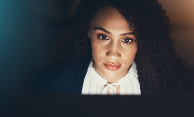 Image showing Office, screen and face of black woman on computer for project, business report and online documents. Vision, planning and female worker working on strategy, reading website and research at night
