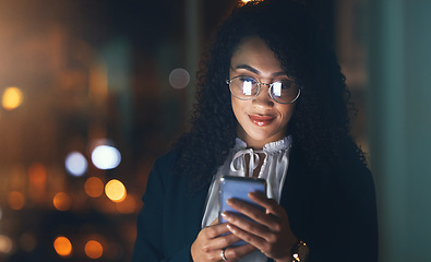 Image showing Email, online and woman reading on a phone, communication and internet for business at night. Connection, social media and employee with a mobile in a dark office for the web, networking and overtime