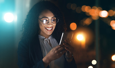 Image showing Business, black woman and phone with night bokeh lights for communication and network connection. Entrepreneur person in dark office for social media, networking or mobile app for online review chat