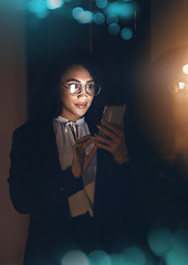 Image showing Black woman, business phone and night for communication, network connection and chat. Entrepreneur person in dark office for social media, networking or mobile app bokeh mockup for online research