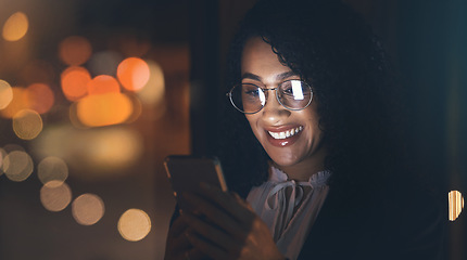 Image showing Night, black woman and business phone with bokeh lights for communication network connection. Happy entrepreneur person in dark for social media, networking or mobile app ux for investment mockup