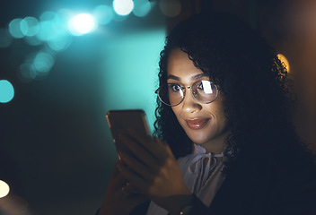 Image showing Phone, black woman and night business with mockup for communication network connection. Entrepreneur person dark office for social media, networking or mobile app reading email, chat or info search