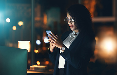 Image showing Black woman, business phone and night bokeh lights for communication, network connection and chat. Entrepreneur person in dark office for social media, networking or mobile app