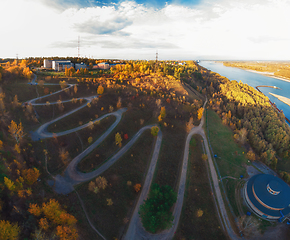 Image showing Aerial top vew of winding road in the city