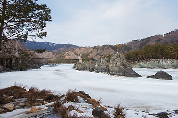 Image showing Fast mountain river Katun at winter