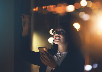 Image showing Business woman, phone and night in dark office for communication, network connection and trading. Entrepreneur person with smartphone and bokeh lights for networking, internet search or ai mobile app