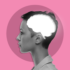 Image showing Woman, brain abstract animation and thinking for creative innovation, strategy and solution with vision. Mindset, mind power and mental health for anxiety, depression or problem by pink background