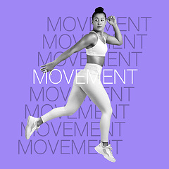 Image showing Woman, dance and freedom, words and motivation overlay, fitness and dancer jump on inspirational poster on purple background. Energy, free and dancing, sports and action with workout and text