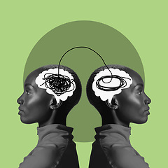 Image showing Digital art, thinking brain and face of black woman on green background for ideas, strategy and connection. Creative mind, psychology and girl reflection for intelligence, brainstorming and knowledge