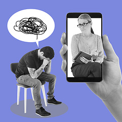 Image showing Phone, psychologist and man crying at an online therapy session with a mobile device in studio. Mental health, support and therapist on cellphone looking at male with depression by purple background.