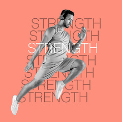 Image showing Fitness graphic, running and man isolated on studio background in headphones music for cardio training. Jump, speed and body of sports person, asian athlete and creative collage, power and strength