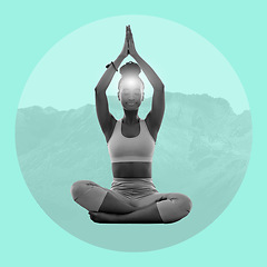 Image showing Zen, meditation and black woman on poster, mountain on turquoise background in yoga balance pose. Art, advertising and creative collage design for health, wellness and calm spiritual lifestyle studio