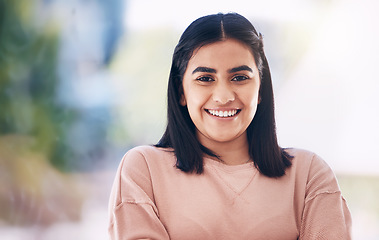 Image showing Portrait of young Indian woman happy with internship in Human Resources, opportunity and mission. Vision for company values, goals and face or headshot of gen z person with hr job for about us or faq