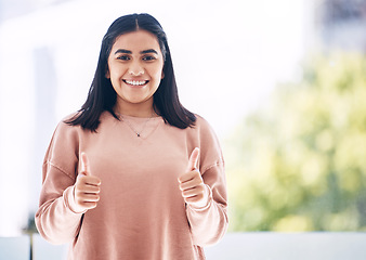 Image showing Thumbs up, success and portrait of business woman in office for thank you, welcome and leadership gesture. Corporate, support and female worker smile with hand sign for approval, yes and agreement