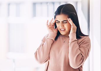 Image showing Headache, stress or mockup with an indian woman on a blurred background suffering from pain or anxiety. Compliance, mental health or burnout and a frustrated young female struggling with a migraine