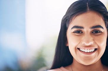 Image showing Smile, mockup and portrait of a confident woman with space, success and vision at a company. Business, work and face of an Indian employee at a corporate agency with happiness, excited and pride