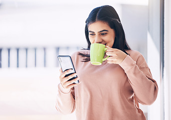 Image showing Student, phone or drinking coffee in house, home or penthouse apartment on social media app, internet or dating website. Happy smile, woman and relax tea cup, mobile blog or communication with mockup