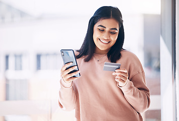 Image showing Woman, phone or credit card for online shopping, e commerce or home internet banking on fintech app. Smile, happy or ecommerce customer on mobile technology for website or store payment with mockup