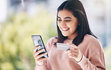 Image showing Happy woman, phone or credit card for online shopping, e commerce or home internet banking on fintech app. Smile, customer or ecommerce on mobile technology for house retail or website store payment