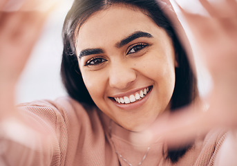 Image showing Selfie, hands and portrait of female with smile for positive, optimistic and good confident mindset. Happy, beauty and excited face of young woman from Puerto Rico taking picture for social media.