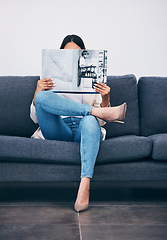 Image showing Relax, magazine or girl reading newspaper articles on sofa at home for information or story updates. Press, focus or woman relaxing and studying abstract art for knowledge in a publication on couch