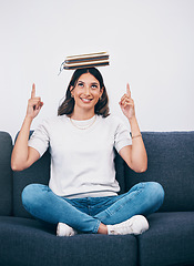 Image showing Woman with books on head, space mock up and balance for study, education or university reading or scholarship. Knowledge, learning and history, philosophy or English college person pointing to mockup