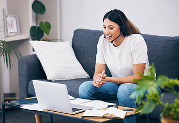 Image showing Remote work, laptop and woman in a telemarketing call center, customer services or online technical support. Communication, crm or sales agent talking, consulting or helping with loan advice at home