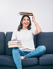 Image showing Happy student or woman with books balance on head of study, education or university time management and reading. Knowledge, learning and college person on sofa with history, philosophy or scholarship