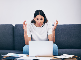 Image showing Remote work, call center or confused woman with stress or anxiety frustrated with 404 error or glitch. Fail, crm or worried telemarketing sales agent with confusion after a mistake or laptop problems