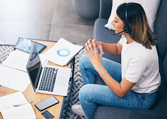 Image showing Remote work, laptop or call center agent with financial paperwork customer services or technical support. Finance documents, crm or sales woman talking, consulting or helping with loan advice at home