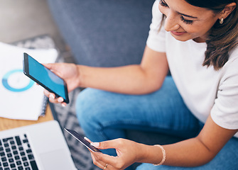 Image showing Ecommerce, phone or woman with credit card happy with digital payment while relaxing on sofa at home. Smile, finance or girl excited with online shopping subscription discount, sales offer or deal