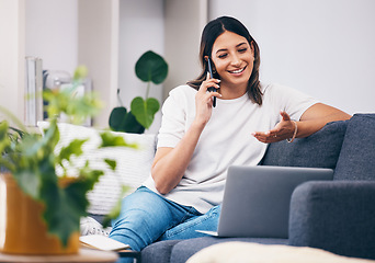 Image showing Woman, phone call and laptop on sofa for idea with smile in conversation or discussion at home. Happy female freelancer in communication on smartphone with computer relaxing on living room couch