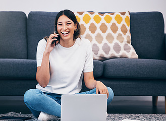 Image showing Woman, phone call and laptop laughing in communication for funny joke, meme or conversation at home. Happy female freelancer laugh for fun discussion on smartphone with computer by living room sofa