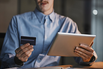 Image showing Business, online shopping and hands with credit card and tablet in office for virtual purchase, payment and sale. Ecommerce, finance technology and man with digital tech for internet banking app