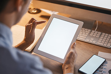 Image showing Tablet screen, mockup and man hands in night trading, stock market research and fintech on digital app. Website, investment and business person with web 3.0, technology and software analytics mock up