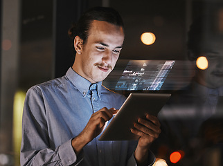 Image showing Digital tablet, night and businessman working with 3d overlay for trading, crypto or market research. Technology, innovation and professional male employee analyzing charts on mobile device in office