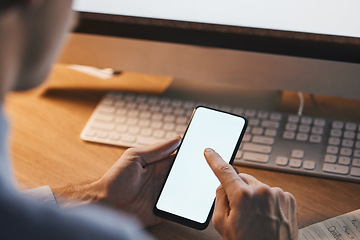 Image showing Phone screen, mockup and business hands in night trading, stock market research and fintech on mobile app. Website, investment analytics and person on smartphone, technology and product placement