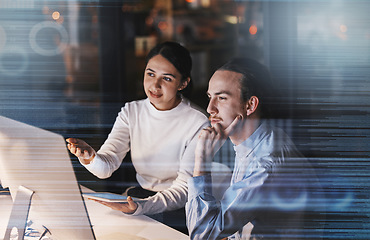 Image showing Cybersecurity overlay, futuristic team data and ux computer database of it workers talking. Tablet, digital hologram and information technology work of a office team working on research at night