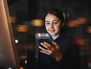 Image showing Office, hologram and business woman with phone for online website, email and social media at night. Communication, network overlay and girl with smartphone for futuristic app, connection and research