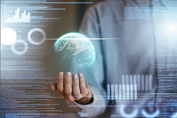 Image showing Hands, 3D hologram and global networking in analytics for futuristic world development in double exposure. Hand of person with digital innovation or virtual globe for statistical analysis on overlay