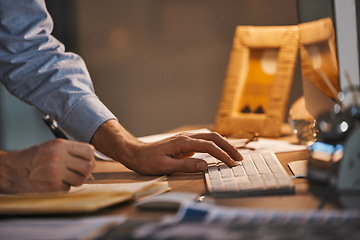 Image showing Business man, hands and writing, keyboard zoom and data with analytics and IT code, work overtime with deadline. Working night, email and programming, checklist with digital notes and software update