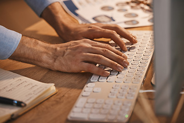 Image showing Business man, hands and coding with keyboard zoom, analytics and IT code, work overtime with deadline. Working night, email and programming with software update and communication with programmer