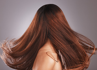 Image showing Beauty, hair and health with woman and wind for shampoo, salon and cosmetics transformation mockup. Keratin, balayage and glow with girl model and self care for product, growth and gloss treatment