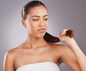 Image showing Hair split ends, beauty salon and dye damage of a black woman with a problem feeling annoyed. Shampoo fail, cosmetic and dry haircut of a model frustrated with isolated gray background in a studio